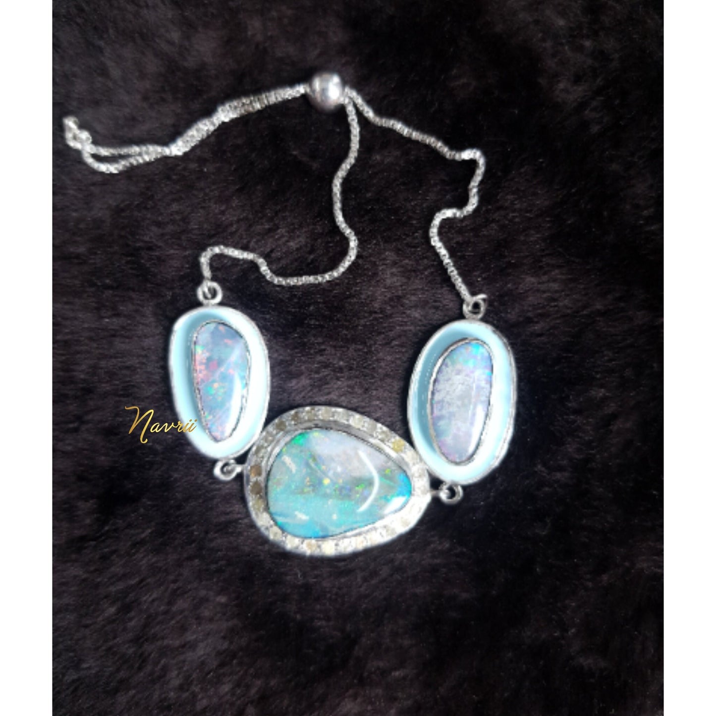 925 Sterling Silver Natural Opal Bracelet, Pave Diamond Enamel Bracelet, Handmade Sterling Silver Bracelets, Natural opal Bracelet For women