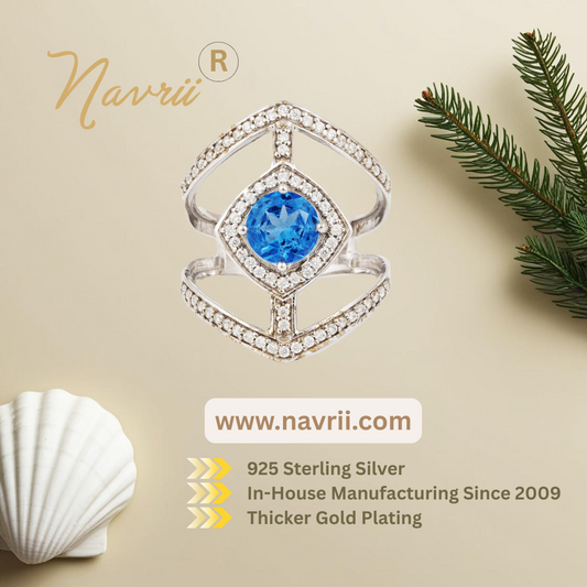 925 Sterling Silver Cocktail Ring  with Labmade Blue Sapphire Gemstone