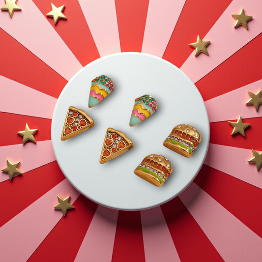 Fun Food-Themed Stud Earrings Set: Pizza, Burger, Ice Cream Designs