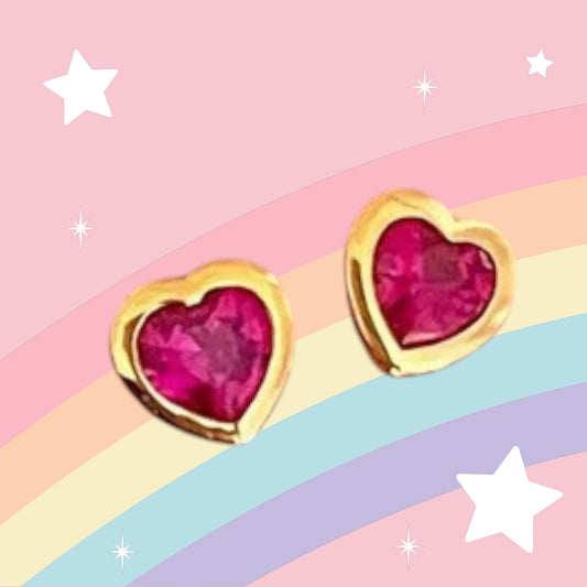 18K Gold Plated heart  Lab made Ruby stud earrings | Kids earrings | Toddler earrings