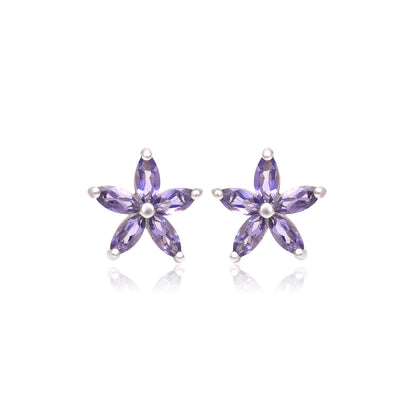 925 Sterling Silver Natural Iolite Flower Stud Earring