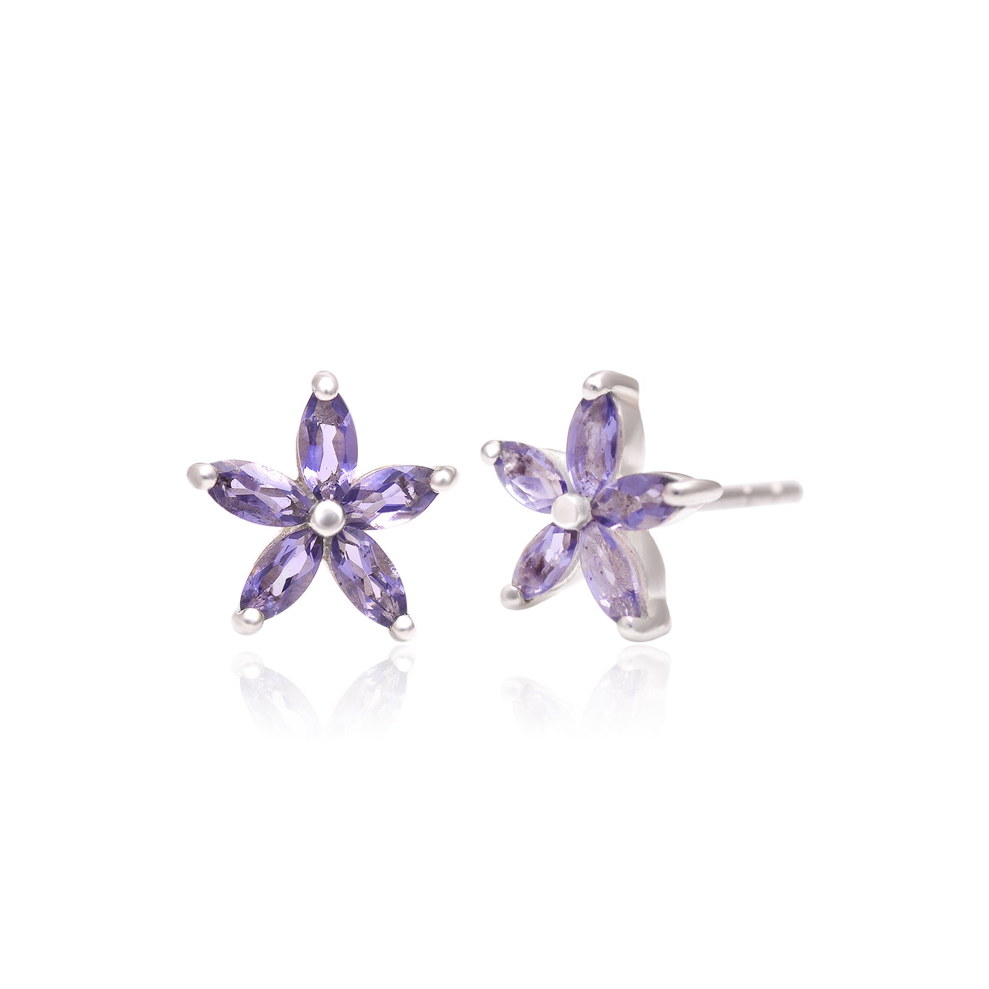 925 Sterling Silver Natural Iolite Flower Stud Earring