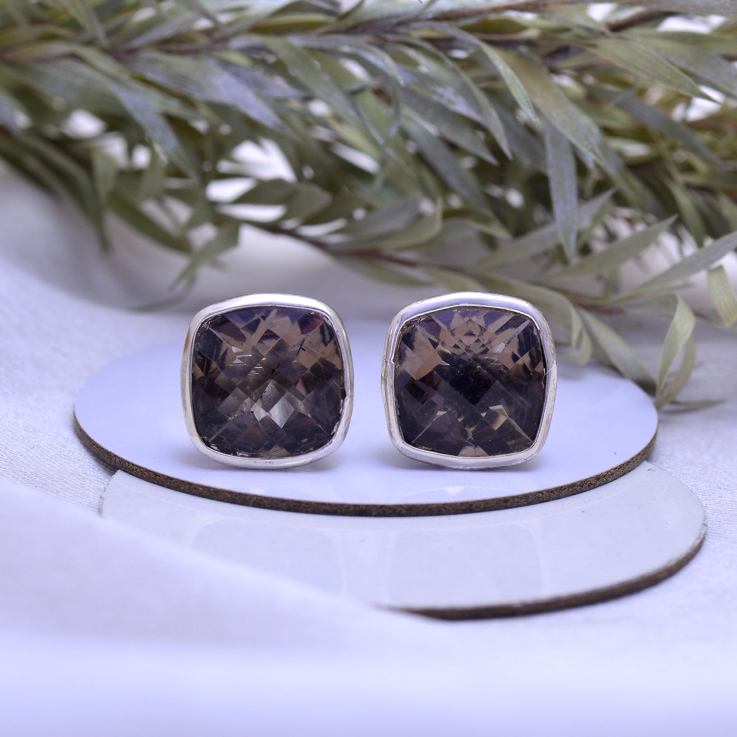 925 Sterling Silver Natural Smokey Quartz Stud Earrings