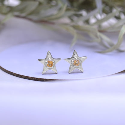 Magical Citrine Star Stud Earrings -Sterling Silver Gemstone