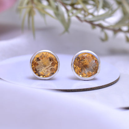 925 Sterling Silver Natural Citrine round shape Stud Earring