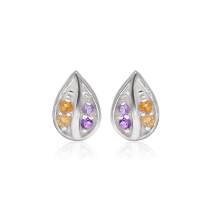 Pear Shaped Natural Amethyst & Citrine Charm Stud Earrings