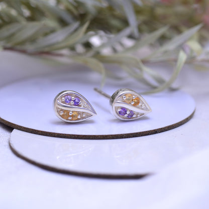 Pear Shaped Natural Amethyst & Citrine Charm Stud Earrings