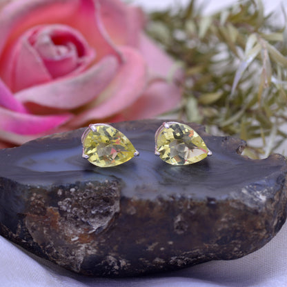 925 Sterling Silver Natural Lemon Quartz Stud Earrings, Checker Cut Gemstone Stud, Lemon Quartz Gemstone Studs, Natural Gemstone Earrings