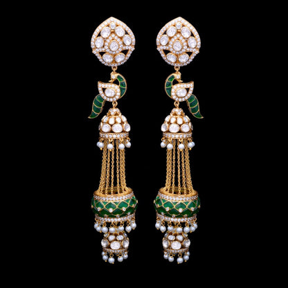 Emerald Earrings, Long Earrings, Bollywood Earrings, Moissanite Earrings, 925 Sterling Silver, Dangle Drop Earrings, Silver Tassel Earrings