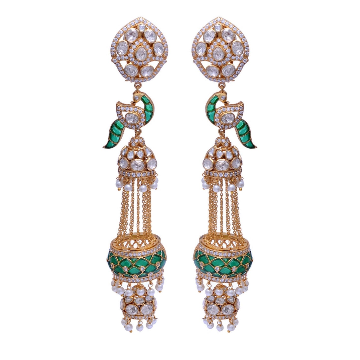 Emerald Earrings, Long Earrings, Bollywood Earrings, Moissanite Earrings, 925 Sterling Silver, Dangle Drop Earrings, Silver Tassel Earrings