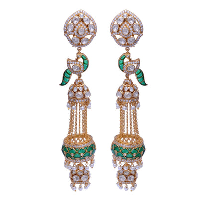 Emerald Earrings, Long Earrings, Bollywood Earrings, Moissanite Earrings, 925 Sterling Silver, Dangle Drop Earrings, Silver Tassel Earrings