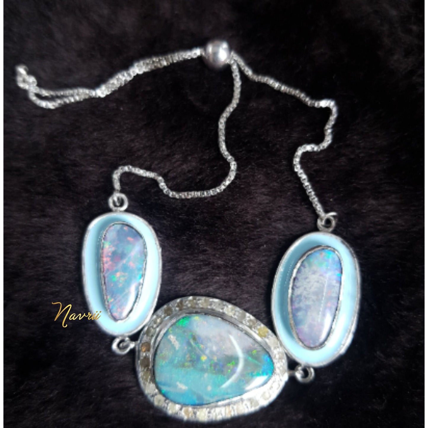 925 Sterling Silver Natural Opal Bracelet, Pave Diamond Enamel Bracelet, Handmade Sterling Silver Bracelets, Natural opal Bracelet For women