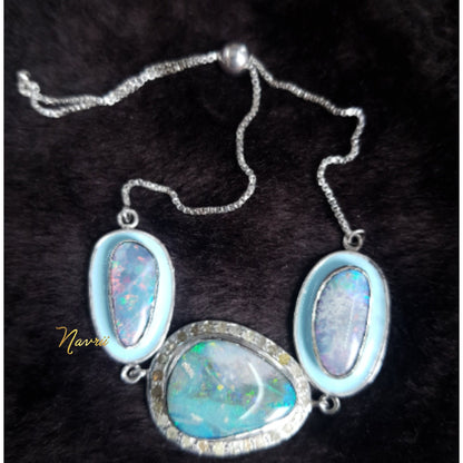 925 Sterling Silver Natural Opal Bracelet, Pave Diamond Enamel Bracelet, Handmade Sterling Silver Bracelets, Natural opal Bracelet For women