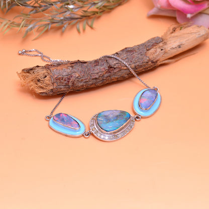 925 Sterling Silver Natural Opal Bracelet, Pave Diamond Enamel Bracelet, Handmade Sterling Silver Bracelets, Natural opal Bracelet For women