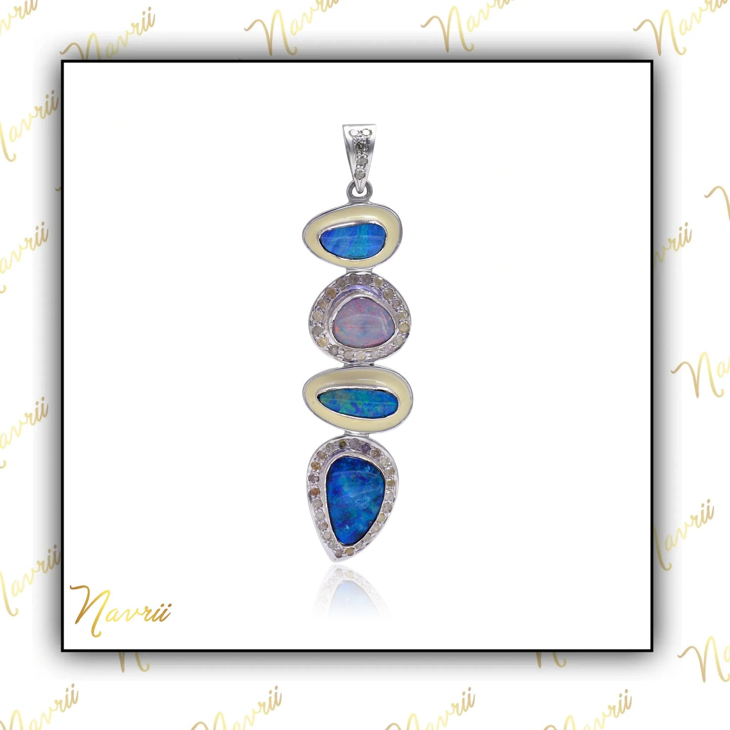 925 Sterling Silver Natural Fire Opal Enamel Pendant