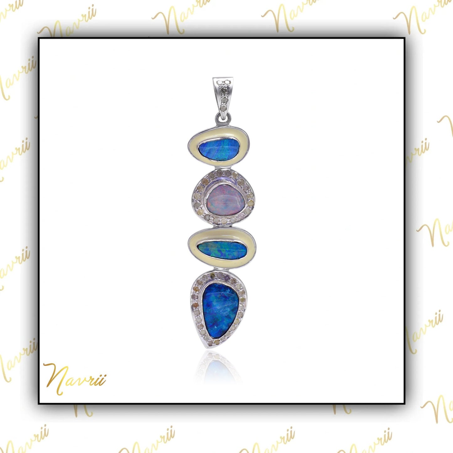 925 Sterling Silver Natural Fire Opal Enamel Pendant