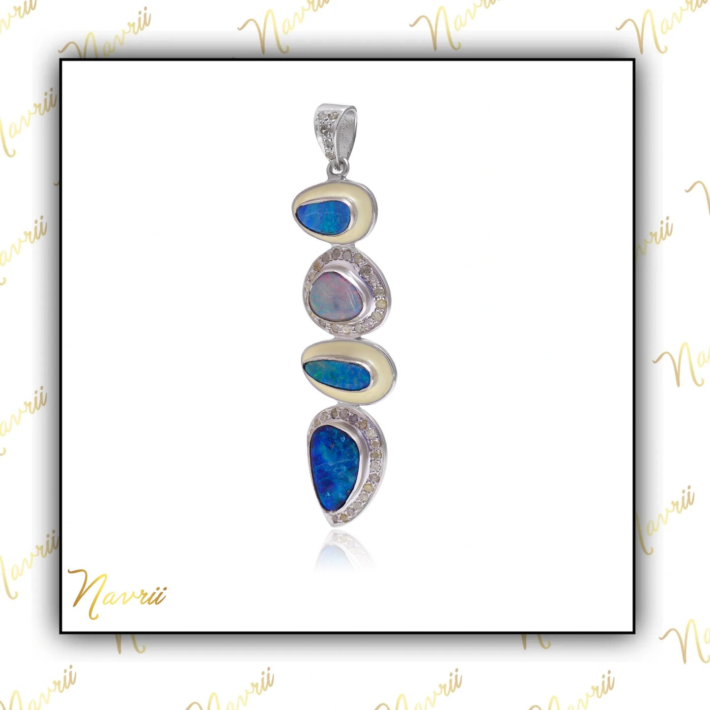 925 Sterling Silver Natural Fire Opal Enamel Pendant