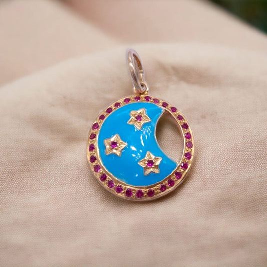 925 Sterling Silver Labmade Ruby & Enamel Moon Pendant