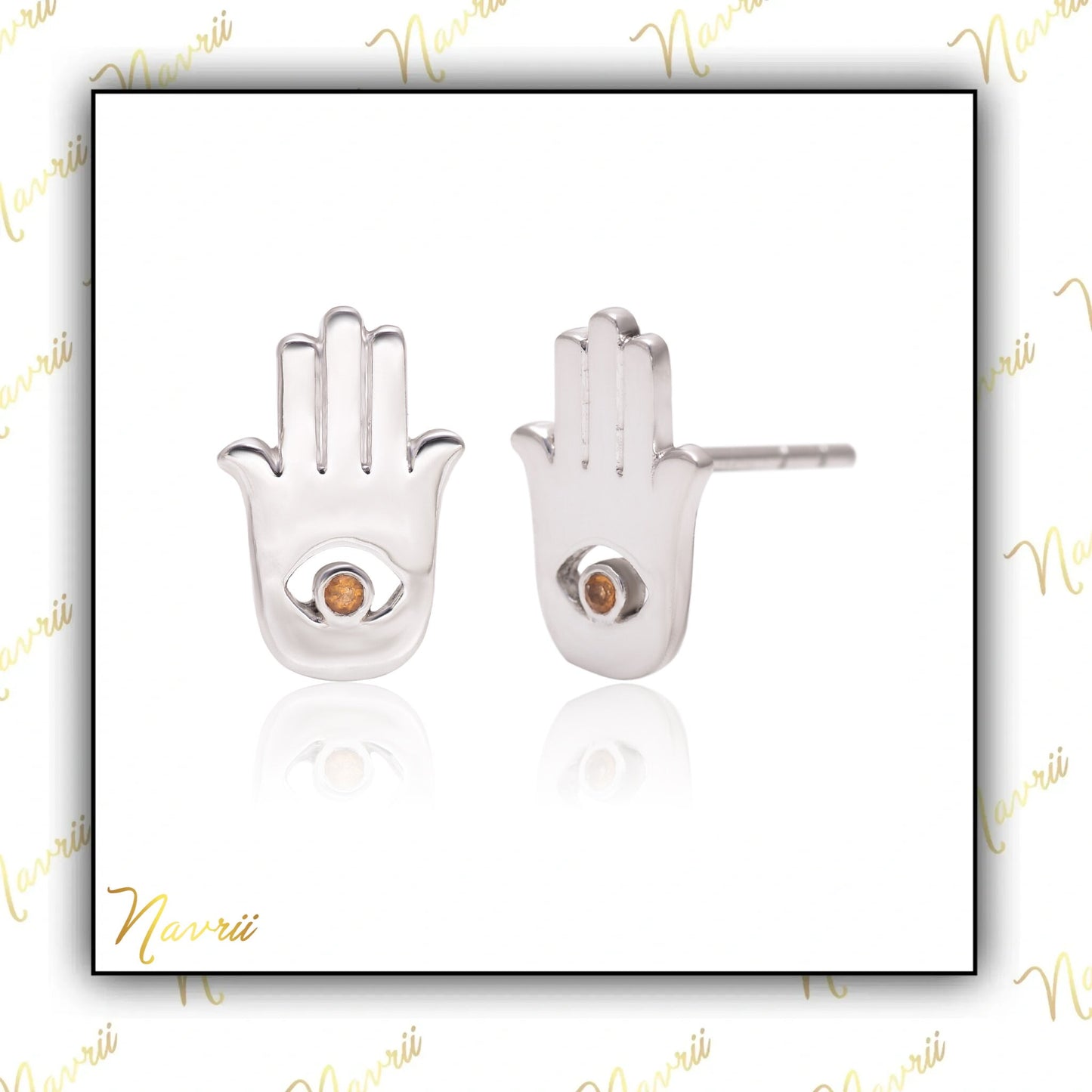 Magical Citrine Hamsa Hand Stud Earrings -Sterling Silver Gemstone Jewelry