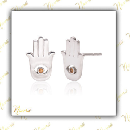 Magical Citrine Hamsa Hand Stud Earrings -Sterling Silver Gemstone Jewelry