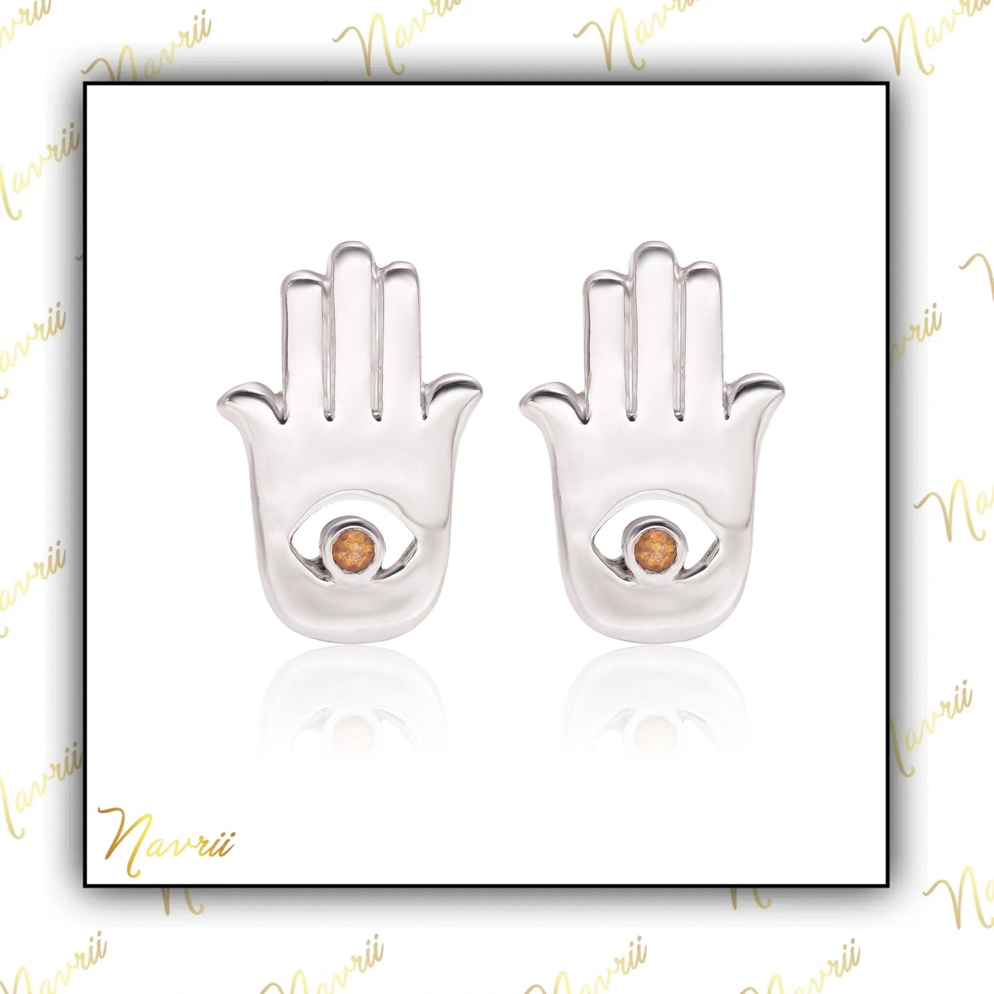 Magical Citrine Hamsa Hand Stud Earrings -Sterling Silver Gemstone Jewelry