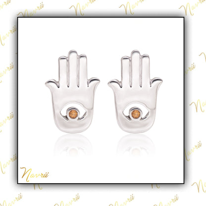 Magical Citrine Hamsa Hand Stud Earrings -Sterling Silver Gemstone Jewelry