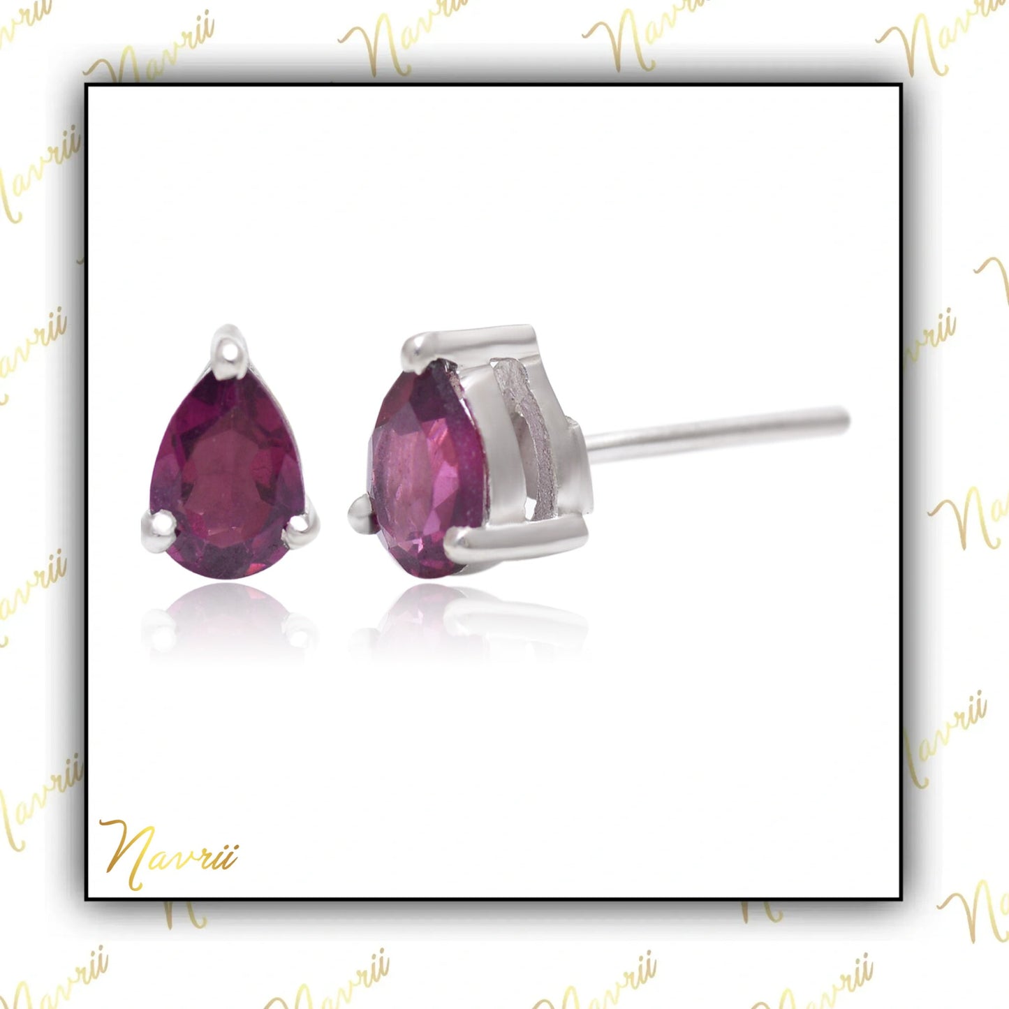 925 Sterling Silver Natural Rhodolite Gemstone Stud Earrings
