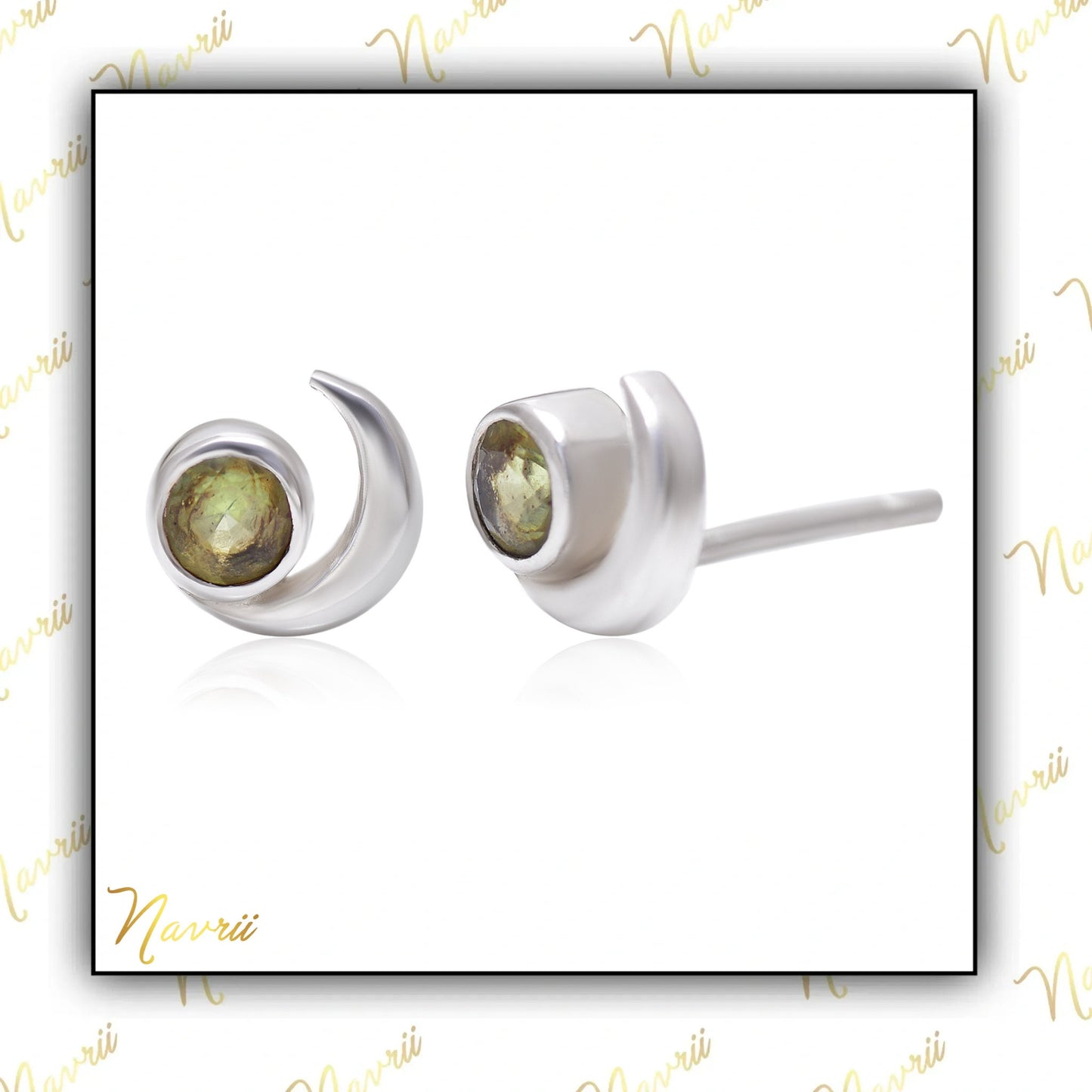 Cresent Moon with Natural Peridot Stud Earrings in Sterling Silver, Moon Earrings, Moon Stud, Celestial Moon Earrings, Gift For her Jewelry