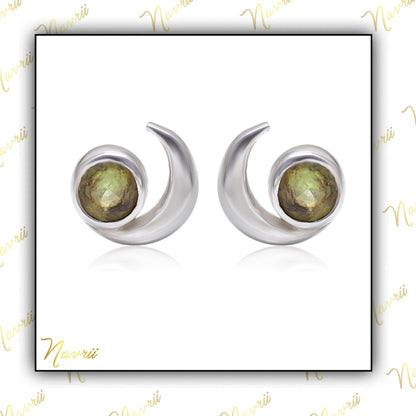 Cresent Moon with Natural Peridot Stud Earrings in Sterling Silver, Moon Earrings, Moon Stud, Celestial Moon Earrings, Gift For her Jewelry