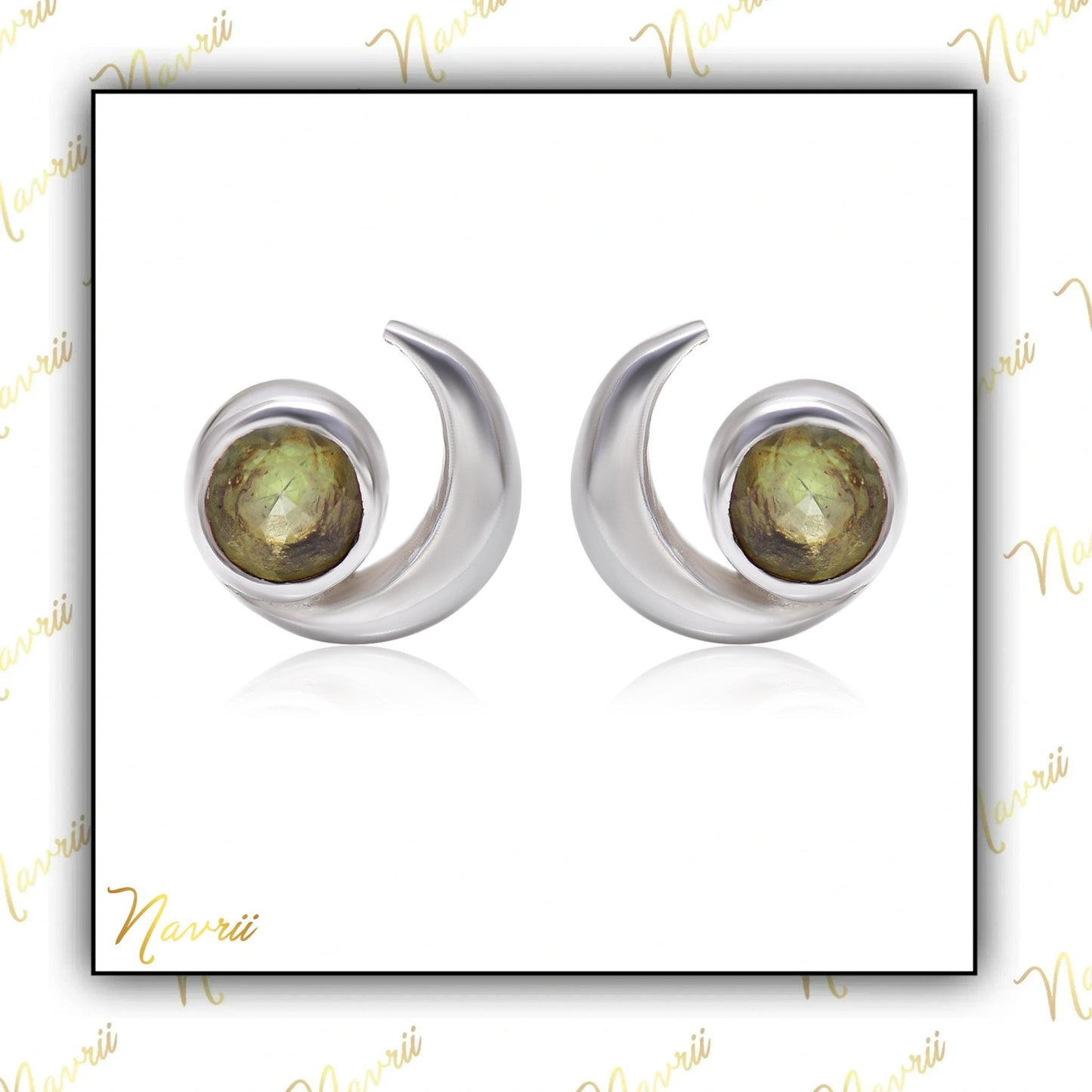 Cresent Moon with Natural Peridot Stud Earrings in Sterling Silver, Moon Earrings, Moon Stud, Celestial Moon Earrings, Gift For her Jewelry