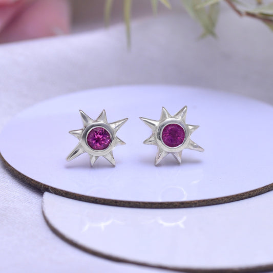 925 Sterling Silver Natural Tourmaline Stud Earrings, Pink Tourmaline Studs, Sun Shape Stud Earrings, Tiny Sun Stud Earrings, Gift For Her