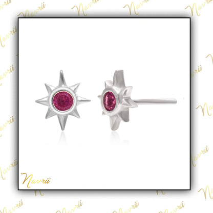 925 Sterling Silver Natural Tourmaline Stud Earrings, Pink Tourmaline Studs, Sun Shape Stud Earrings, Tiny Sun Stud Earrings, Gift For Her