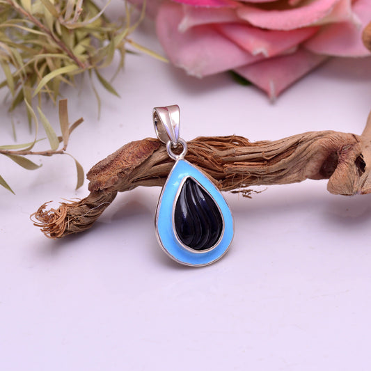 925 Sterling Silver Natural Black Onyx Enamel Pendant, Onyx Pendant Necklace, Black Gemstone Pendant, Enamel Charm Pendant, Women Jewelry