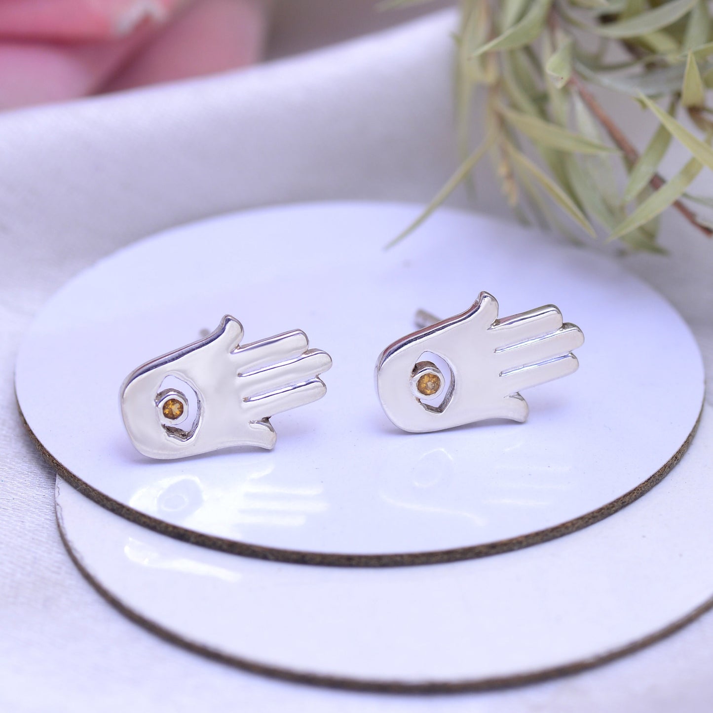 Magical Citrine Hamsa Hand Stud Earrings -Sterling Silver Gemstone Jewelry