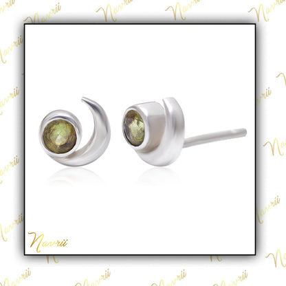 Cresent Moon with Natural Peridot Stud Earrings in Sterling Silver, Moon Earrings, Moon Stud, Celestial Moon Earrings, Gift For her Jewelry