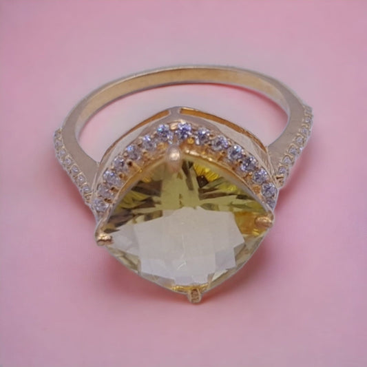 925 Sterling Silver Natural Lemon Quartz & Cubic Zirconia Ring
