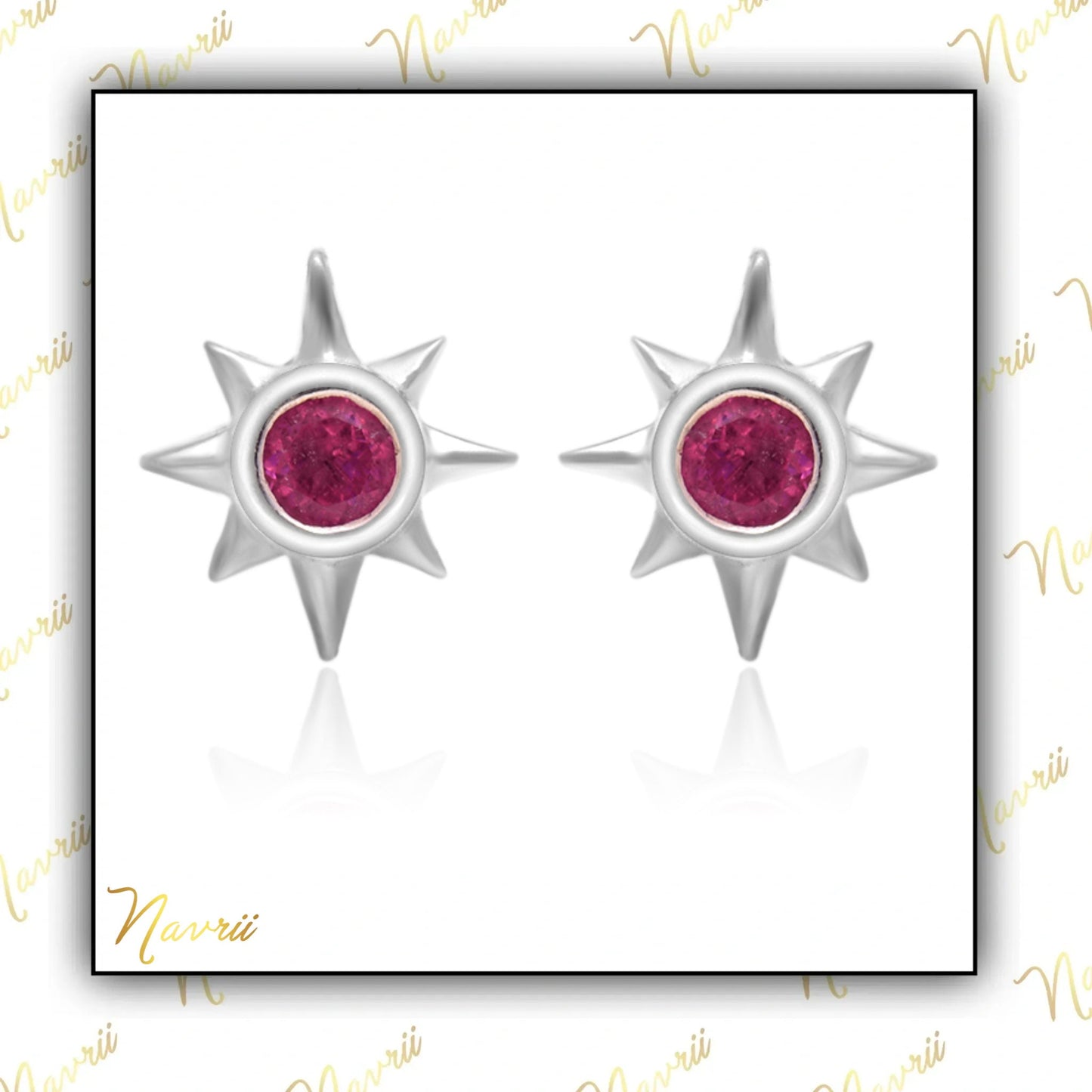 925 Sterling Silver Natural Tourmaline Stud Earrings, Pink Tourmaline Studs, Sun Shape Stud Earrings, Tiny Sun Stud Earrings, Gift For Her
