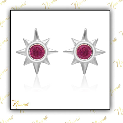 925 Sterling Silver Natural Tourmaline Stud Earrings, Pink Tourmaline Studs, Sun Shape Stud Earrings, Tiny Sun Stud Earrings, Gift For Her