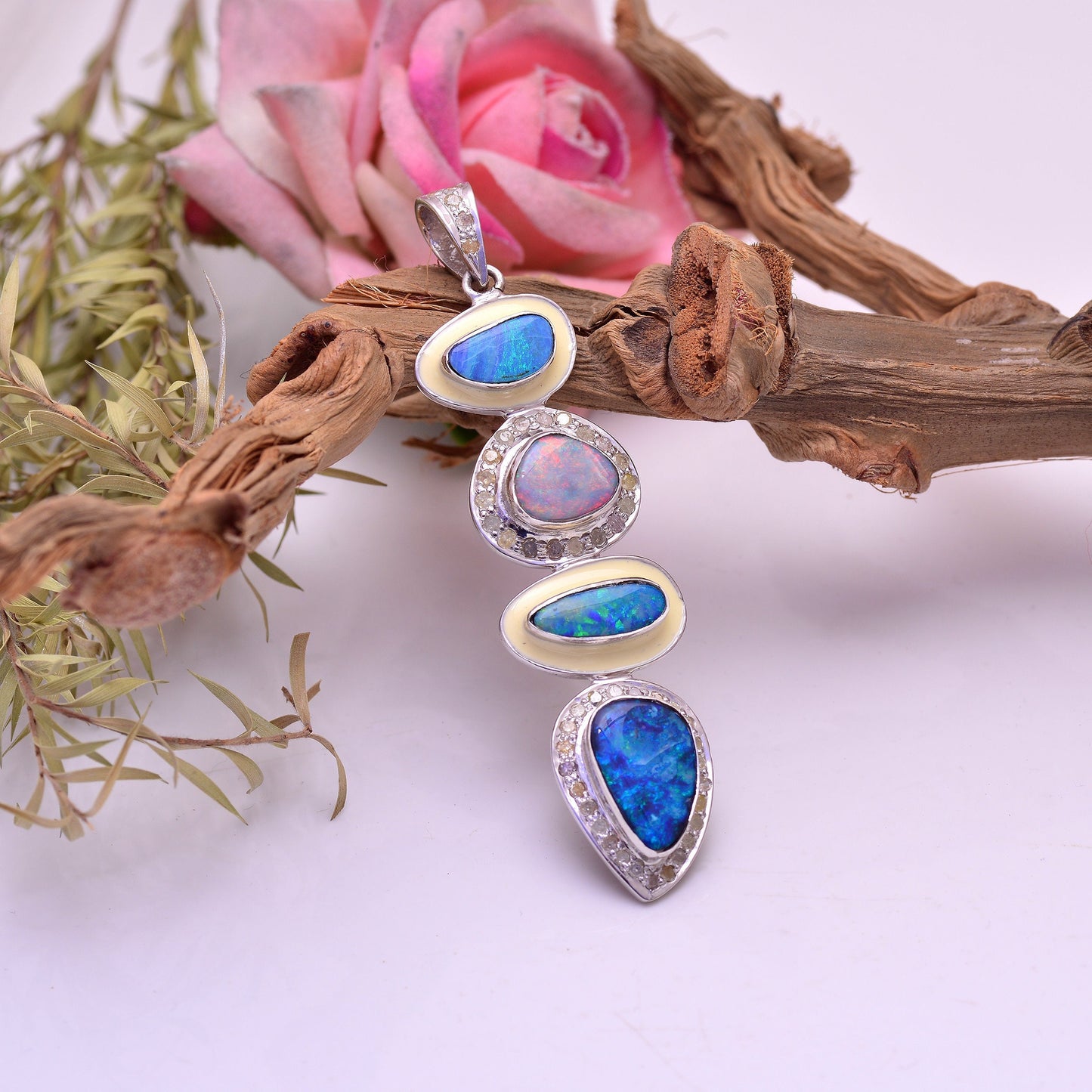 925 Sterling Silver Natural Fire Opal Enamel Pendant