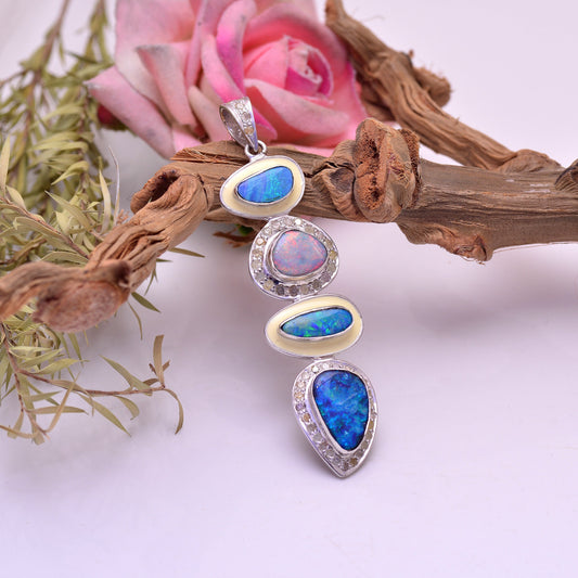 925 Sterling Silver Natural Fire Opal Enamel Pendant