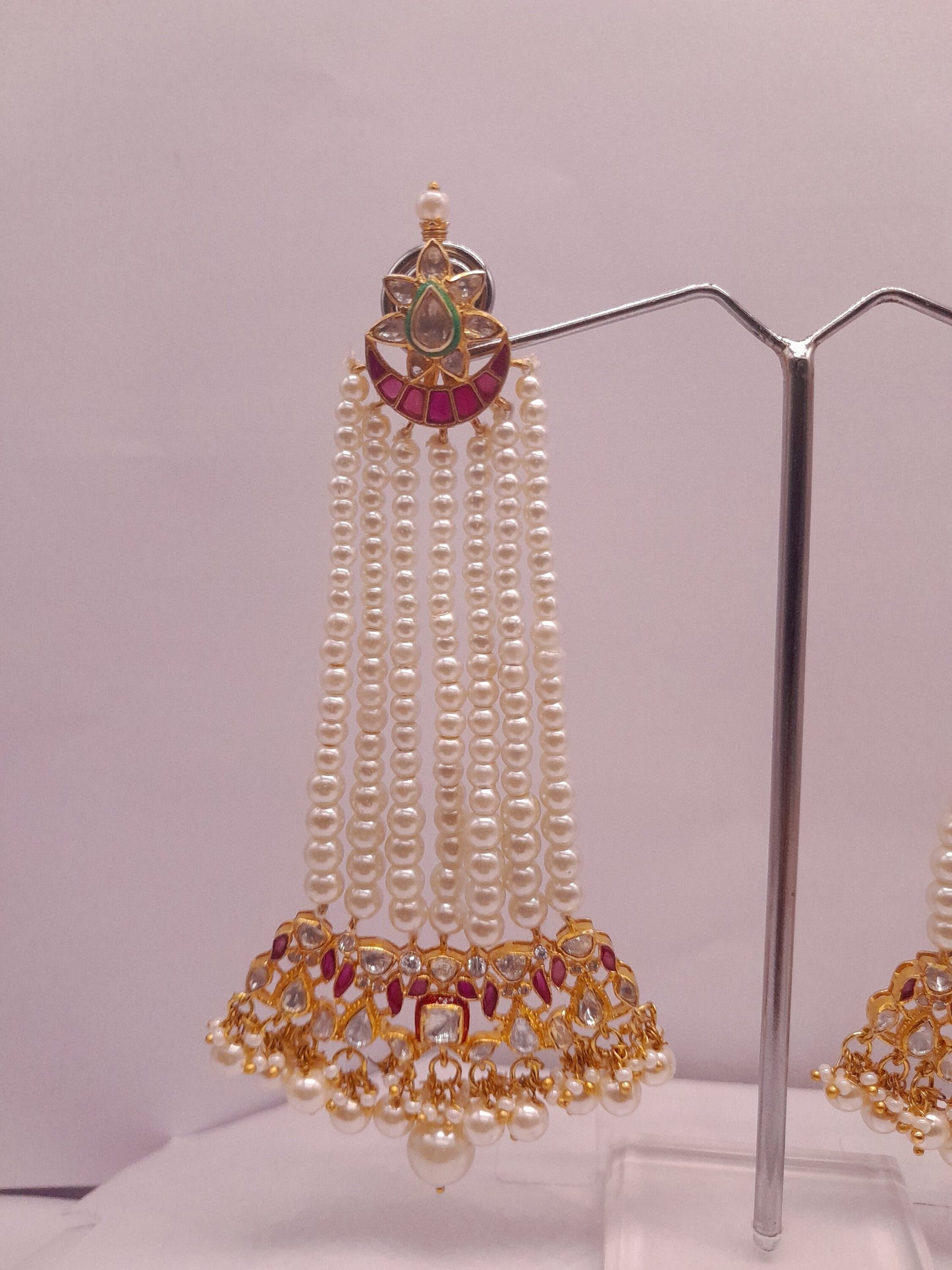 Silver Moissanite Polki Dangling Earring, Pearl Earring, Moissanite Polki Earring, Statement Earring, Bridal Wear Chandbali, Pearl Earring