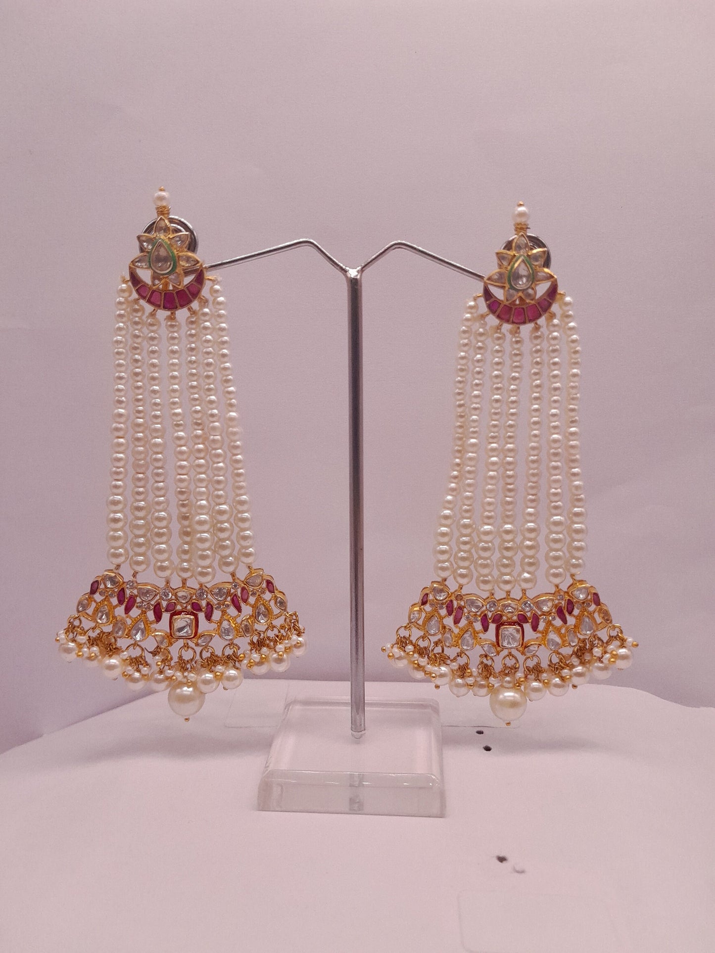 Silver Moissanite Polki Dangling Earring, Pearl Earring, Moissanite Polki Earring, Statement Earring, Bridal Wear Chandbali, Pearl Earring