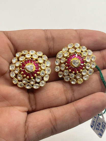 925 Sterling Silver Handmade Moissanite Polki and Labmade Ruby Stud Earring