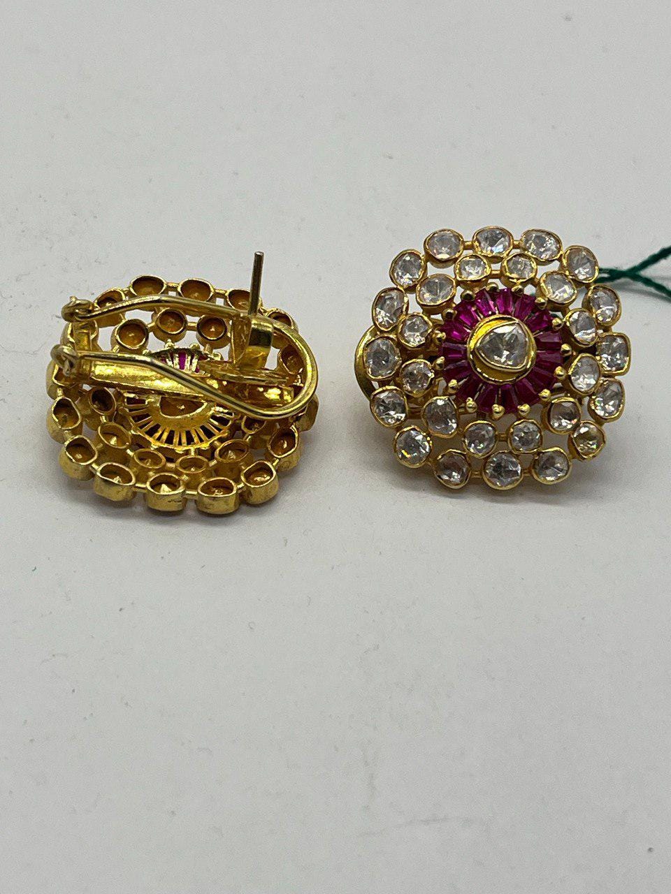 925 Sterling Silver Handmade Moissanite Polki and Labmade Ruby Stud Earring