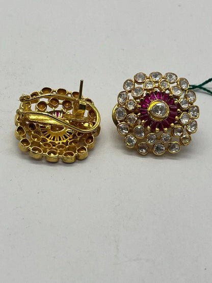 925 Sterling Silver Handmade Moissanite Polki and Labmade Ruby Stud Earring